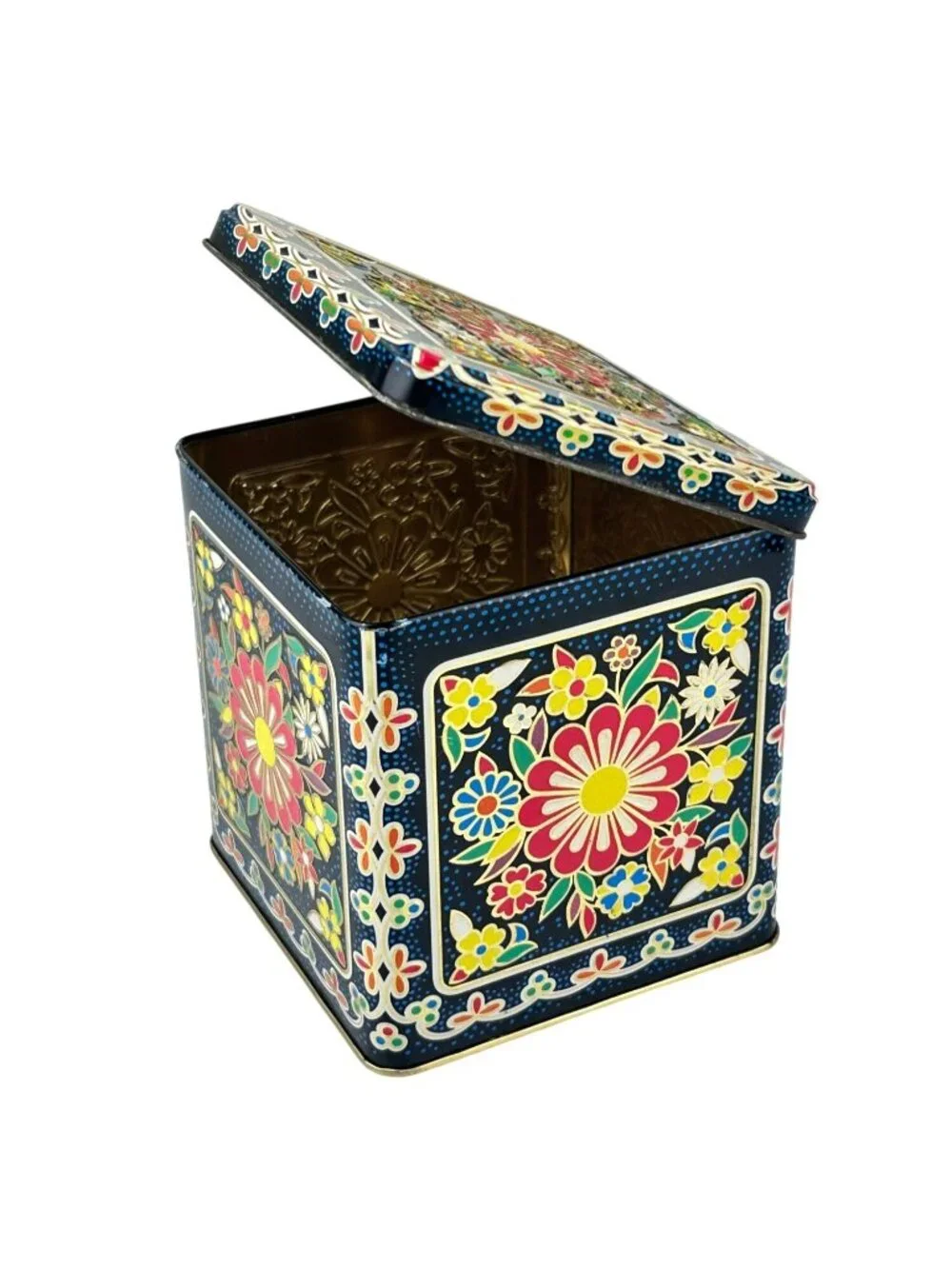 Daher Made in England Square Hinged Lid Tin Colorful Floral 11101 Metal Vintage